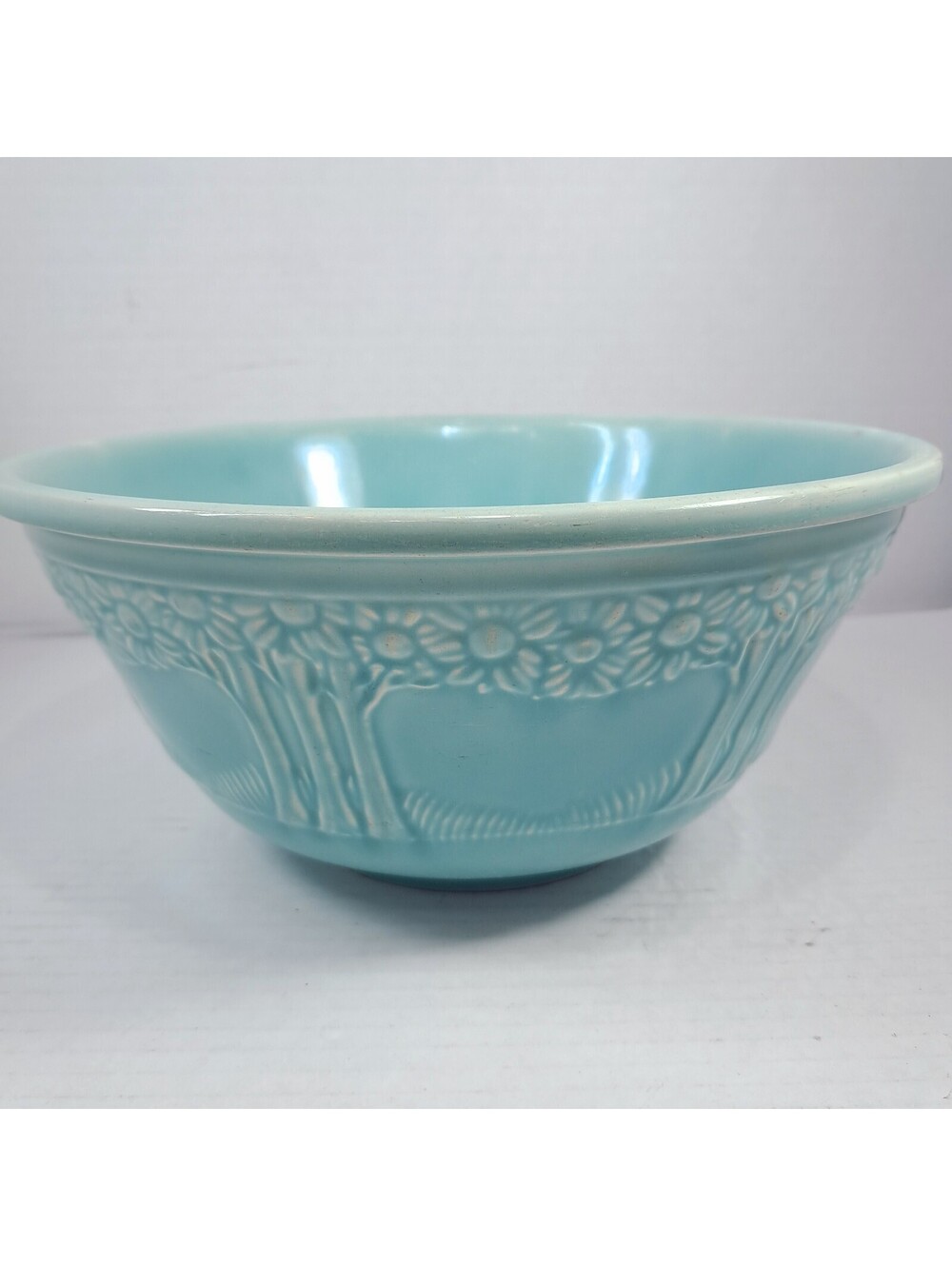 Vintage Homer Laughlin Appletree green Mixing Bowl 9 1/4” aqua teal blue apple